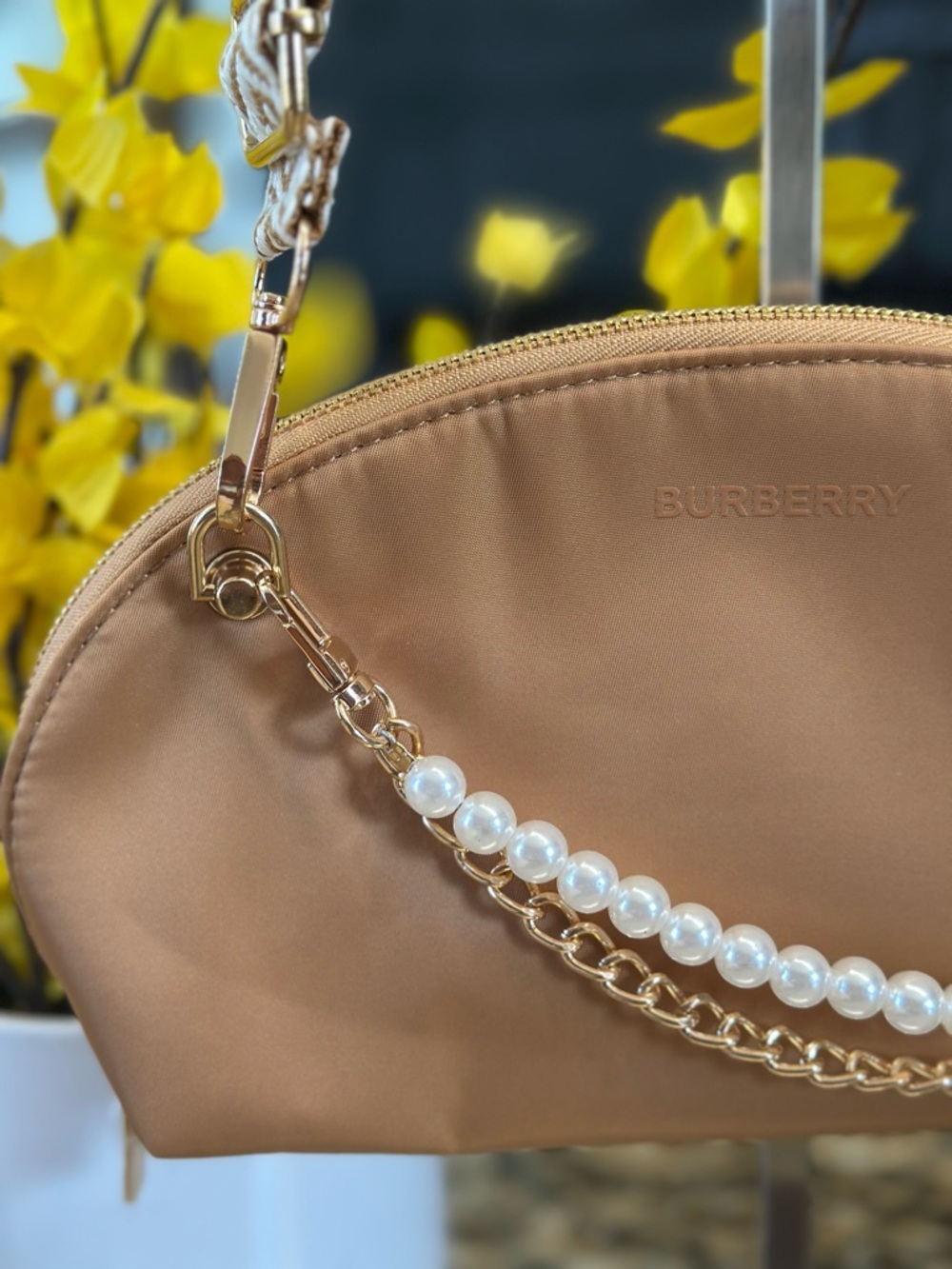 Burberry Tan Satin Clutch with Pearl & Gold Chain